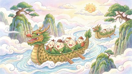 Obraz premium Cute cartoon rice dumplings in dragon boat race in mountains under sunny sky