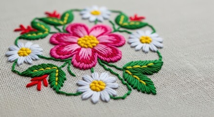 High quality close-up photograph showcasing intricate needlework techniques and decorative flower patterns sewn onto natural fiber cloth, stitching, thread, pattern