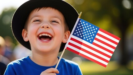 happy child with us flag for patriotic holiday blogs, fourth of july posters, memorial day social media, veteran support websites and citizenship education, on blurred background