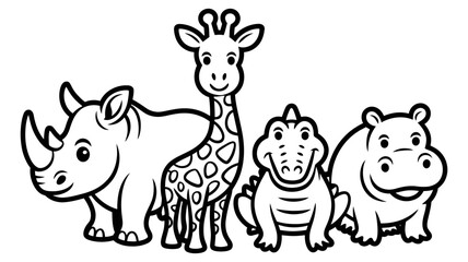 Obraz premium A delightful collection of cute safari animals ready for coloring, featuring rhino, giraffe, alligator, and hippo