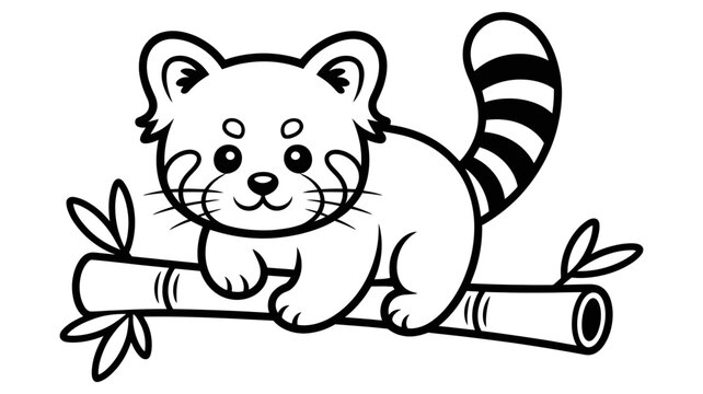 Adorable cartoon red panda sitting on a bamboo branch, ready for coloring fun