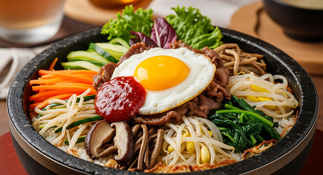 Bibimbap Korean rice bowl with fried egg, meat, vegetables, and gochujang sauce