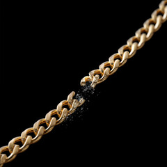 Side view of gold chain broken, sparkling detail, elegant jewelry, black background, close up, luxury accessory