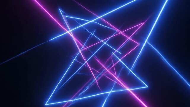 Neon Geometric Light Design - The video features an abstract arrangement of glowing neon lines in blue and pink, forming an intricate geometric pattern against a dark background.