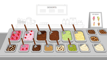 Vibrant self-serve ice cream bar featuring a wide array of flavors and diverse toppings, inviting customers to create custom desserts.