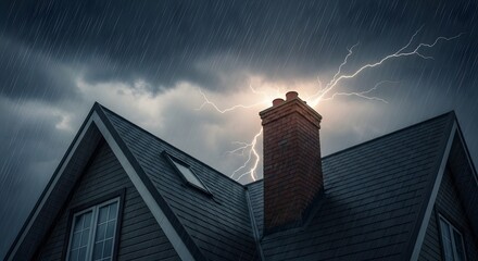 Dark stormy sky with lightning striking above a gray house chimney during heavy rain