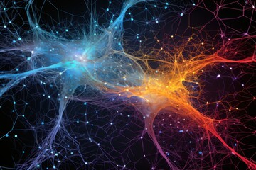 neural network connections on dark background, copyspace, concept of tech, ai, data.