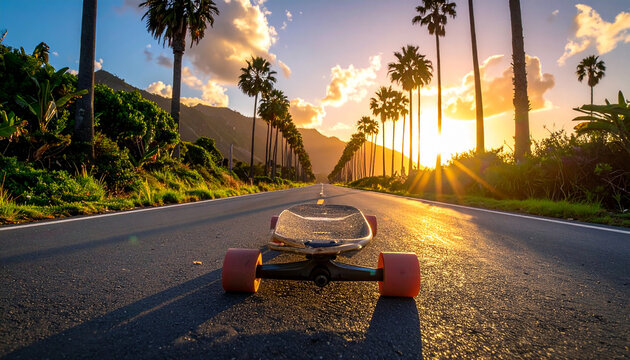 Longboard skateboard resting on asphalt road lined with palm trees during golden hour sunset with mountains in