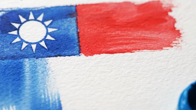 Abstract Watercolor Painting of Taiwan Flag - A detailed close-up of an abstract watercolor painting depicting the flag of Taiwan.