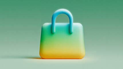 A three-dimensional rendering of a shopping bag with a gradient color scheme of green yellow and blue