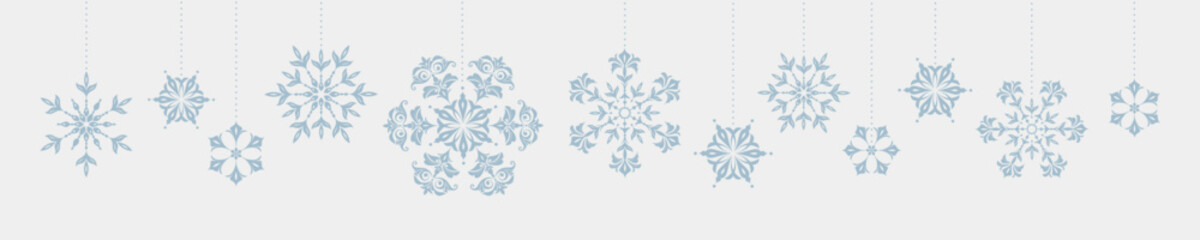 Christmas border with wave of black snowflakes, winter holiday horizontal banner design, decorative floral snow ornament, minimalist New Year greeting card element, vector illustration isolated 