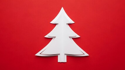 Fototapeta premium Minimalist 3D Paper Cut Christmas Tree on Vibrant Red Background. Festive Holiday Design.