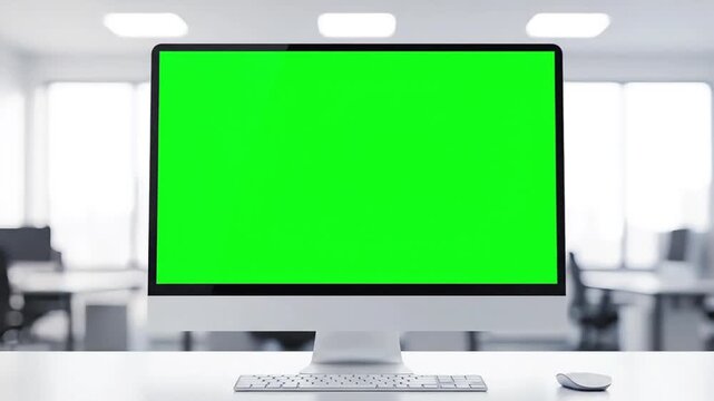 Modern Desktop Computer with Green Screen Monitor on Office Desk, Mockup Display for Video, Website, and Presentation Content