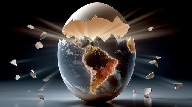 Earth depicted as a cracked egg with pieces breaking away, revealing the continents and oceans, illuminated by rays of light in a dark background setting