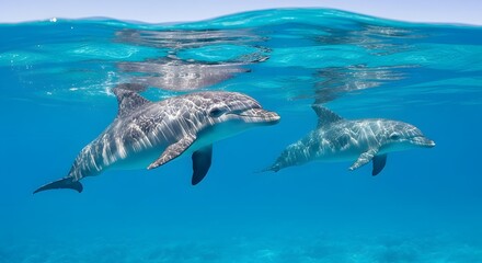 Naklejka premium Two happy bottlenose dolphins swim gracefully near the ocean surface in clear tropical blue water environments