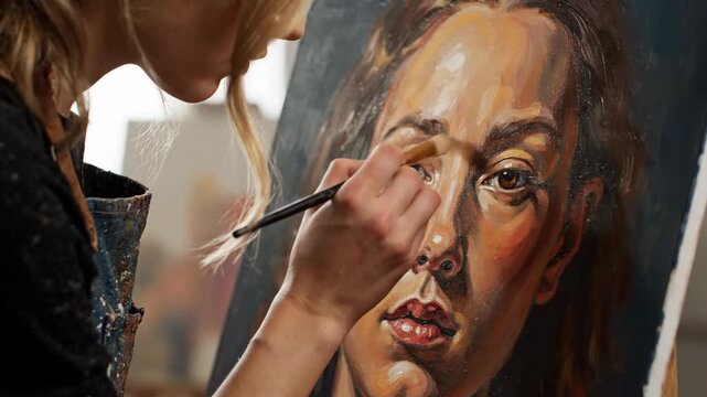 Artist Painting Portrait - A blonde female artist meticulously applies final brushstrokes to a portrait, carefully blending colors and textures to capture the subject's likeness.