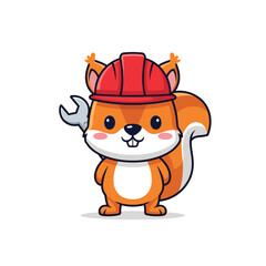 Obraz premium Cute Cartoon Squirrel Character in Red Hard Hat Holding Wrench, Ready for Repairs and Construction Work