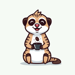 Obraz premium Cute Cartoon Meerkat Illustration Happily Holding a Coffee Cup on an Isolated Background
