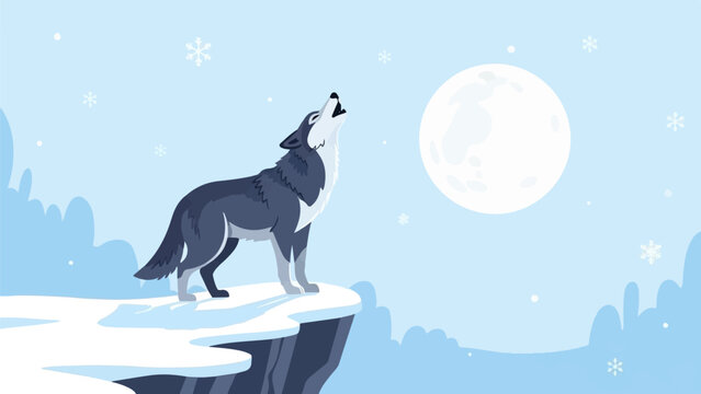 A lone wolf howls at a large moon on a snowy cliff edge