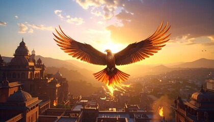 Obraz premium Majestic phoenix soaring above classical cityscape at sunrise, wings illuminated by golden light—styled for Chinese New Year symbolism of rebirth, power, and transformation.