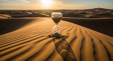 A glass hourglass sits on a golden sand dune at sunset symbolizing time passing and eternity within a vast desert landscape under a warm sun