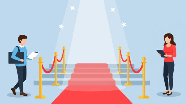 A man and woman stand by a red carpet and stairs, under spotlights