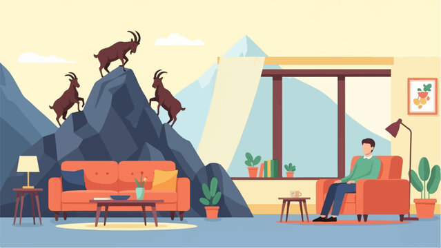 A man rests indoors as goats climb rugged mountains outside