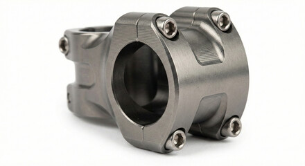Macro of a short CNC-machined aluminum mountain bike stem in gunmetal grey finish. Features tool marks and four-bolt faceplate. Isolated on white.