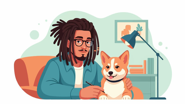 A man with dreadlocks and glasses sits on a sofa, petting his dog