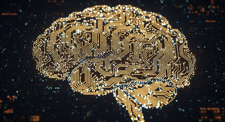 Glowing golden digital human brain made of circuit board pathways and neural networks representing artificial intelligence machine learning and futuristic data technology processing on dark background