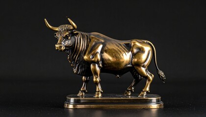 Bronze bull sculpture in assertive stance with prominent horns and muscular texture, set against dark background—styled for Chinese New Year symbolism of strength, wealth, and rising fortune.