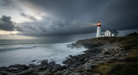 Historic white lighthouse with a glowing red beacon stands tall on a rocky coastline as dramatic storm clouds gather over crashing ocean waves at evening twilight