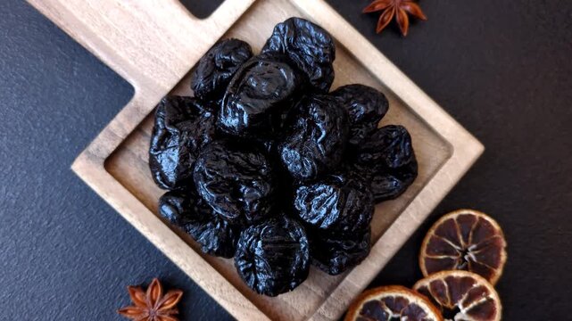 Sweet dried plums or prunes, organic dehydrated fruit for dietary nutrition. Prunes or dried plums as a food background for your design