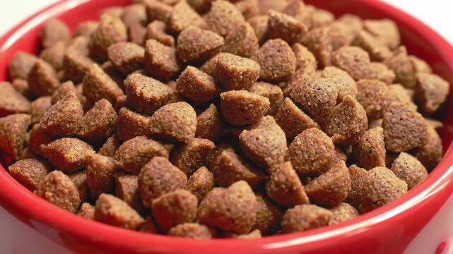 Close-up of a red bowl filled with dry brown pet food, ready to eat.