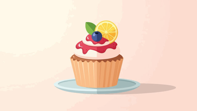 A single frosted cupcake with berry jam, blueberry, lemon, and mint leaf garnish