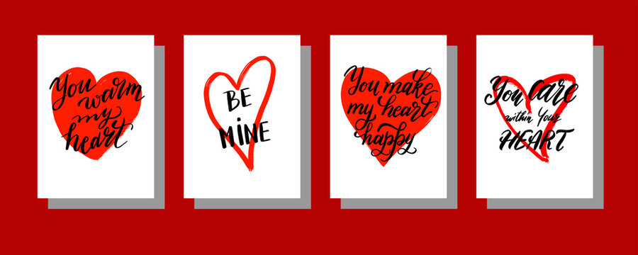 Valentine&rsquo;s Day Lettering Card Set &ndash; Hand Drawn Calligraphy, Brush Typography, Heart Design, Vector Illustration, Poster, Banner, Greeting Card Collection