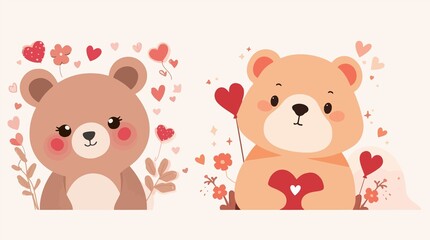 illustration of a cute bear on a Valentine's Day theme, featuring a flat design style with bold lines, pastel colors, and a minimalist aesthetic