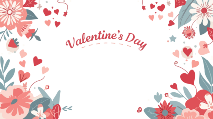 template banner featuring Valentine's Day decorations in a vibrant flat design style, incorporating a mix of pastel colors such as soft pink, baby blue, and white