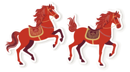  illustration template of a Chinese horse sticker featuring a flat design style with bold lines and minimalist details, the horse is depicted in a vibrant red and gold color