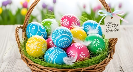 Colorful Easter Eggs in Wicker Basket with Happy Easter Tag on Wooden Table