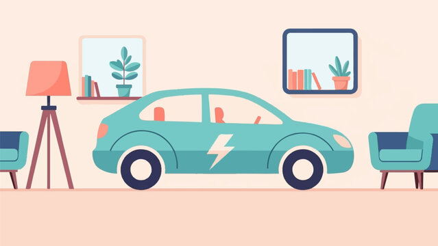 A teal electric car with a lightning bolt logo in a room