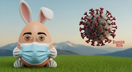 Easter Bunny in Medical Mask on Grass with Virus Danger Risk Alert