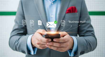 Businessman in gray suit holding smartphone with digital interface and icons floating above