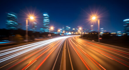 A blurred nighttime cityscape with streaks of light from moving vehicles on a multi lane highway with streetlights and skyscrapers in the background