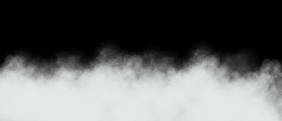 Fototapeta premium Mysterious white ground fog or low hanging smoke obscures the lower portion of a completely black background creating a dramatic contrast perfect for special effects.