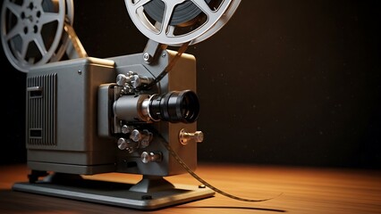 Naklejka premium A vintage film projector sits on a wooden surface against a dark, bokeh-filled backdrop