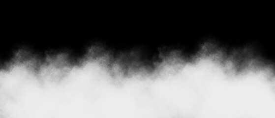 Fototapeta premium Dramatic black and white low angle smoke cloud border effect for graphic design overlay featuring thick white mist rising against a solid dark background space