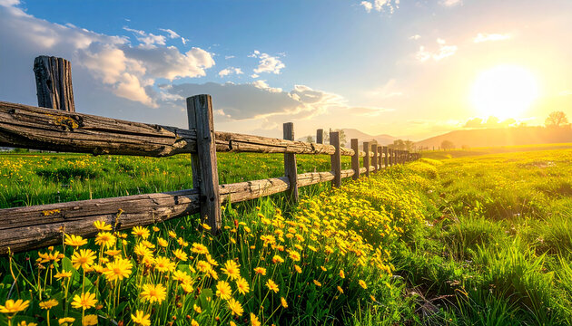 Rustic Wooden Fence Bordering a Field of Yellow Wildflowers at Golden Hour Sunset (164