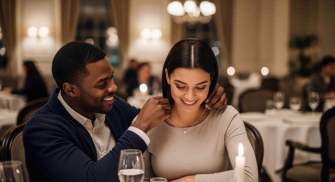 Romantic surprise moment: Affectionate gentleman gifting a necklace to his partner during a