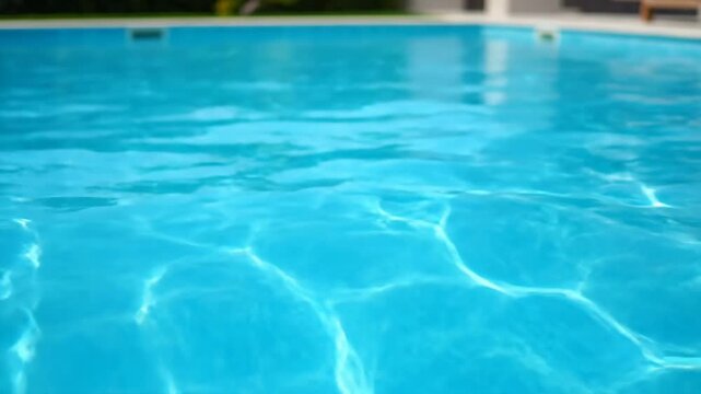 Swimming Pool Water Surface Ripples - The video shows a close-up of the blue water surface in a swimming pool, exhibiting soft rippling waves.